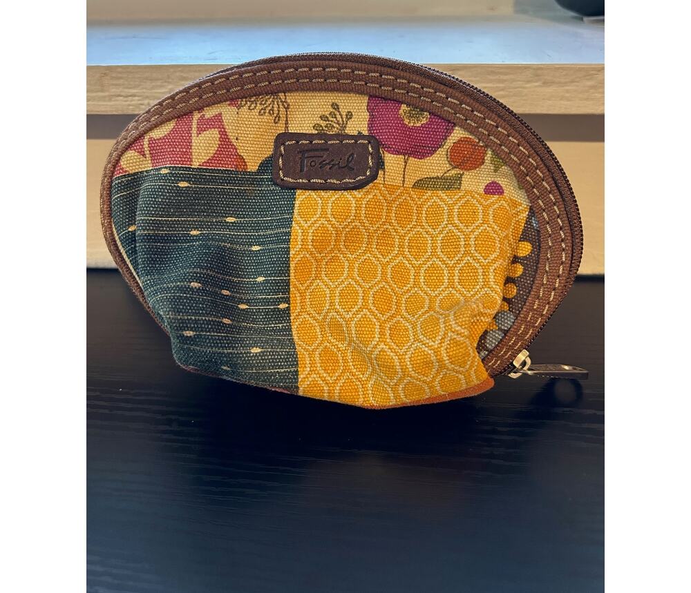 Fossil SL2010 Patchwork Floral Canvas Cosmetic Makeup Bag Zip Pouch Boho Retro